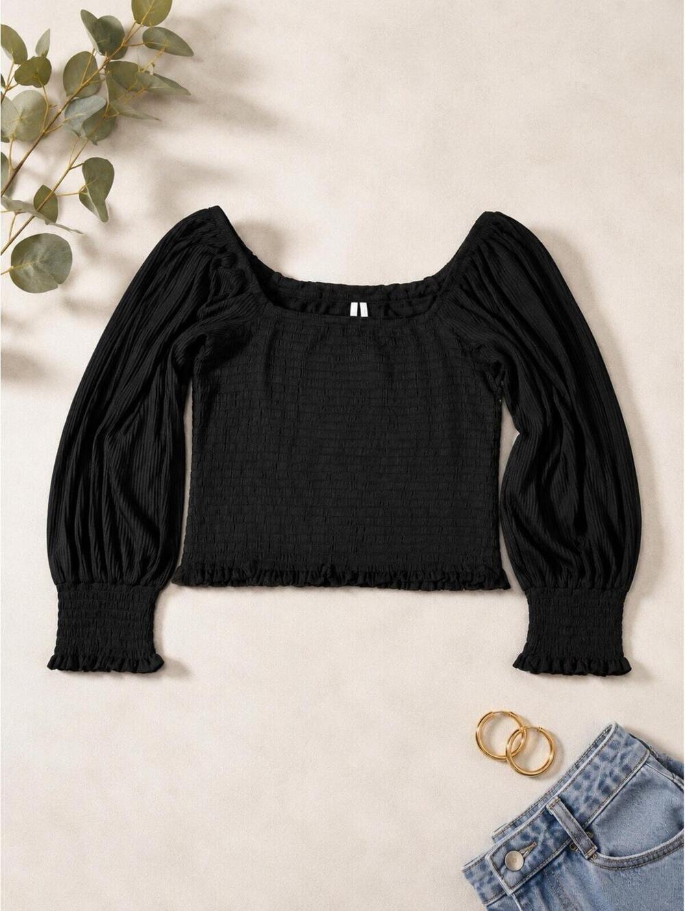 Anthropologie Smocked Puff Sleeve Top Black Textured Blouse Side XS